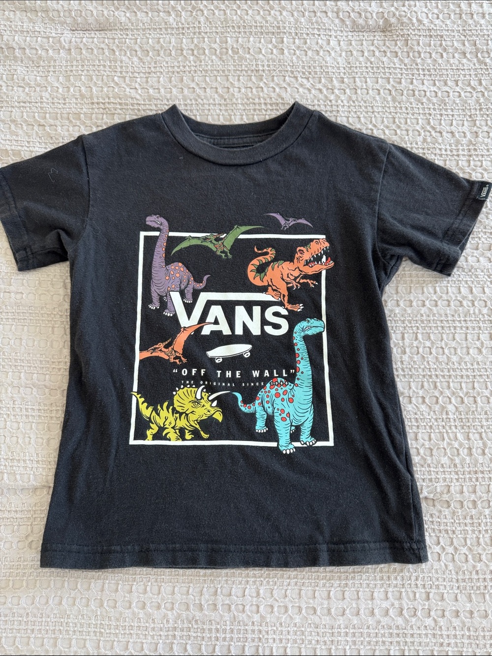 Vans Black Kids Short Sleeve Tee with Colorful Dinosaur Graphics